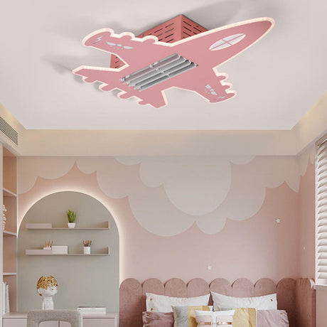 KIds Room Airplane Remote Dimming Flush Mount Fan Light Image - 1