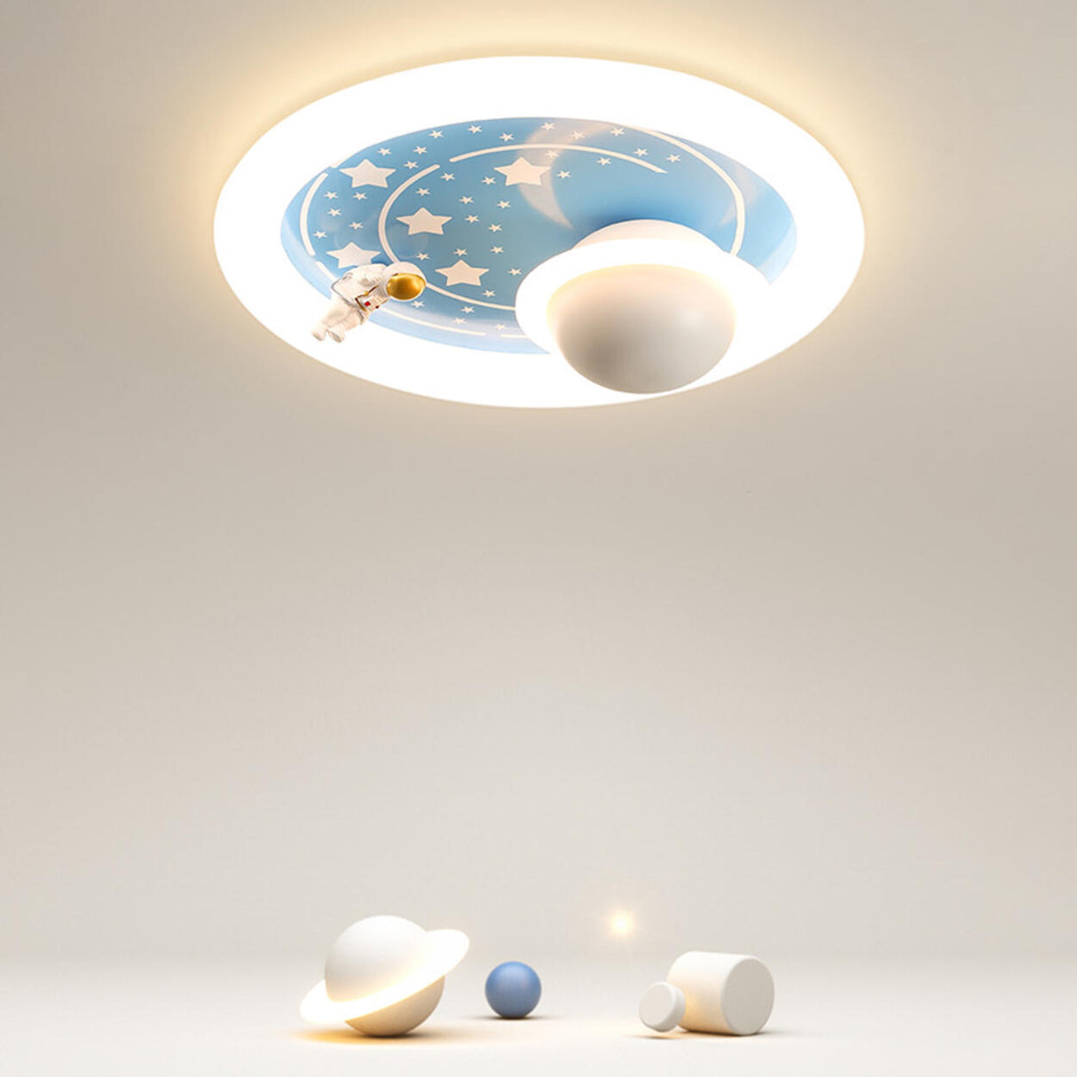 Kids Room Astronaut Blue Round Flush Mount Ceiling Lamp Image - 1