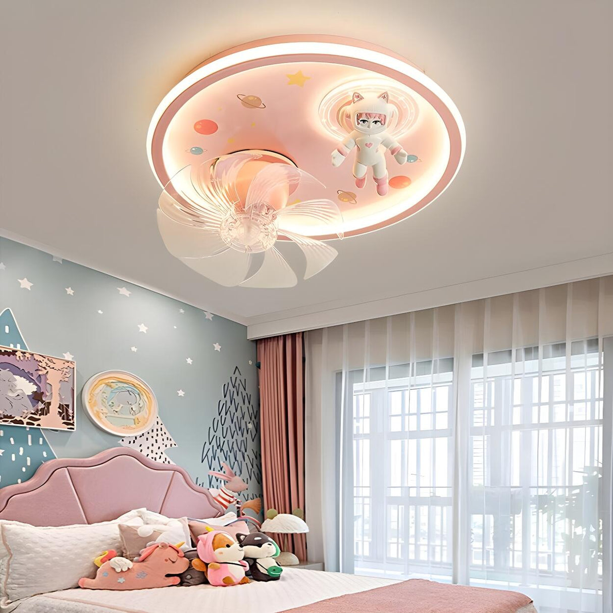 Kids Room Astronaut Round Flush Ceiling Fan with Light Image - 1