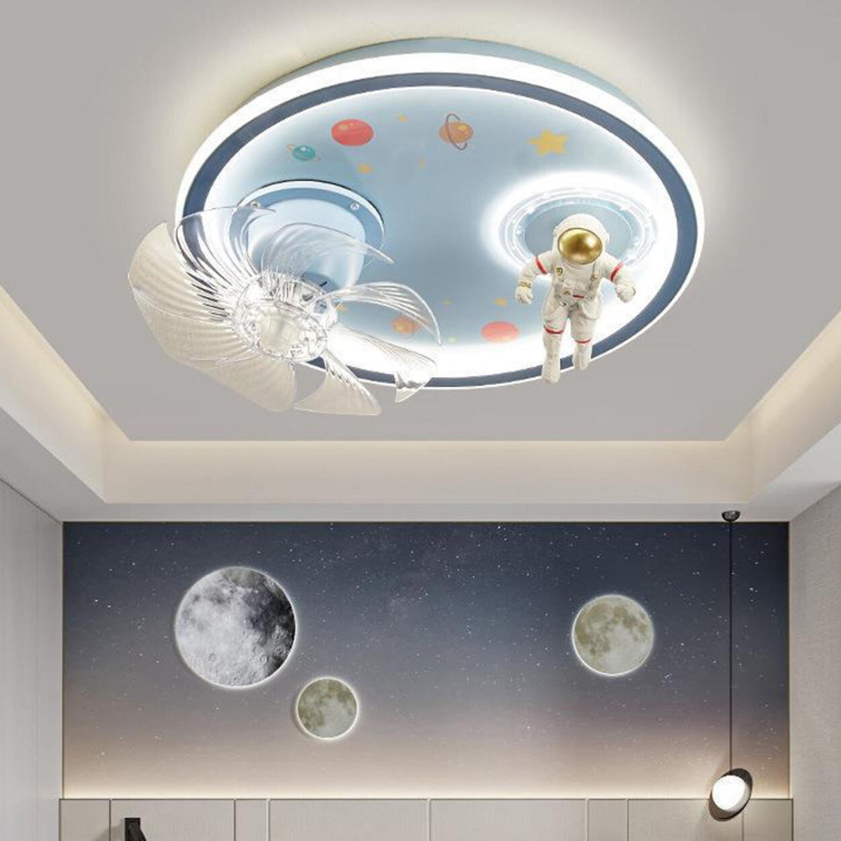 Kids Room Astronaut Round Flush Ceiling Fan with Light Image - 14