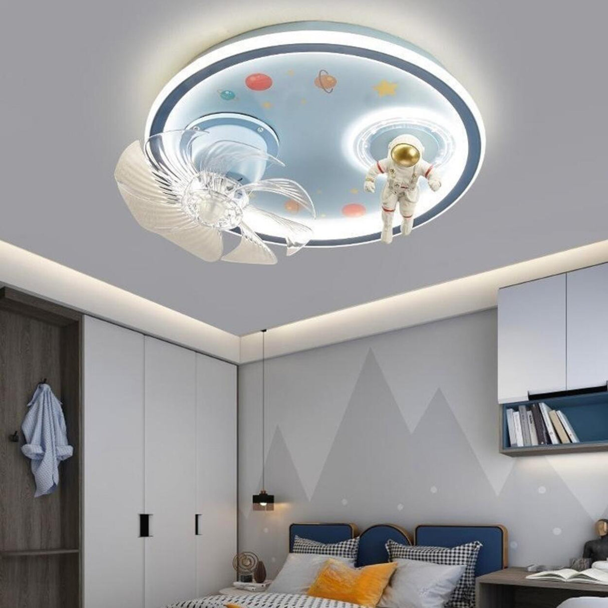 Kids Room Astronaut Round Flush Ceiling Fan with Light Image - 15