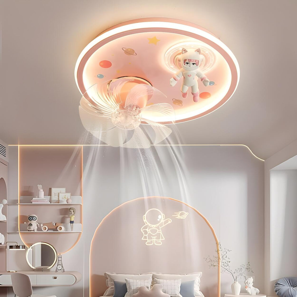 Kids Room Astronaut Round Flush Ceiling Fan with Light Image - 2