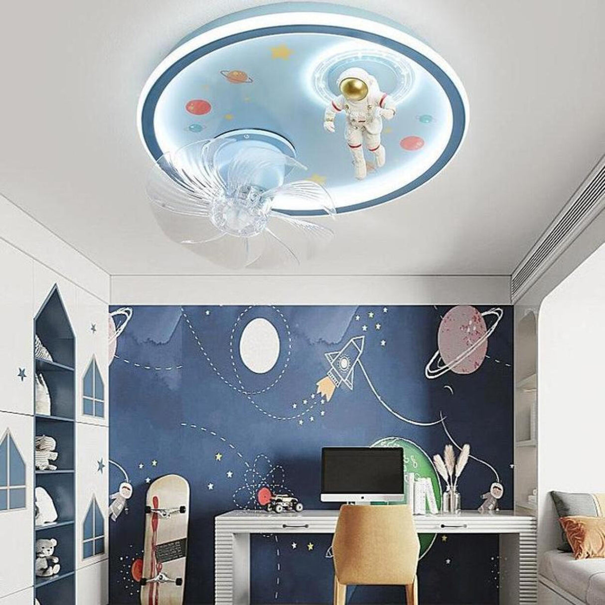 Kids Room Astronaut Round Flush Ceiling Fan with Light Image - 3