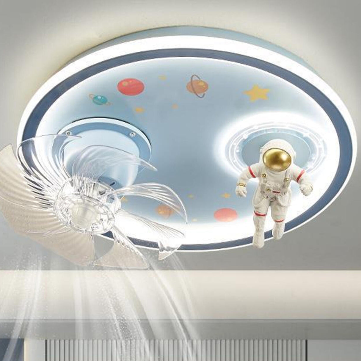 Kids Room Astronaut Round Flush Ceiling Fan with Light Image - 4