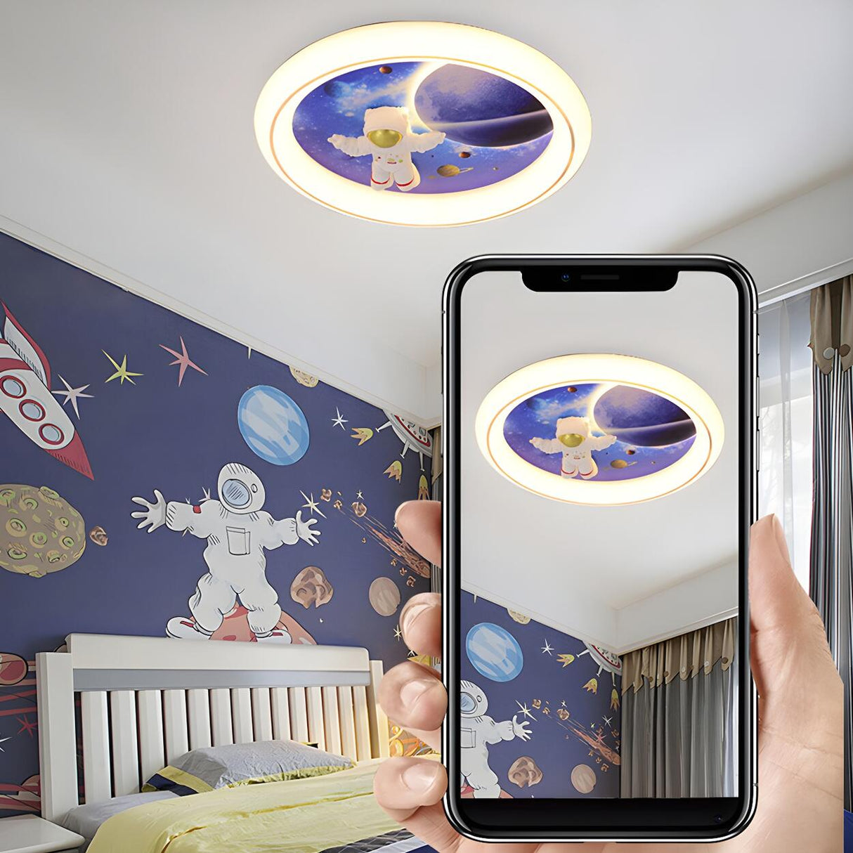 Kids Room Astronaut Space Round LED Flush Mount Light Image - 10