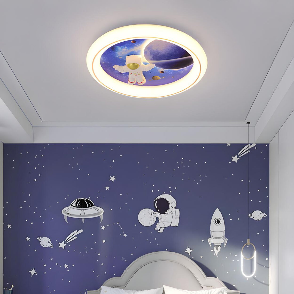 Kids Room Astronaut Space Round LED Flush Mount Light Image - 11