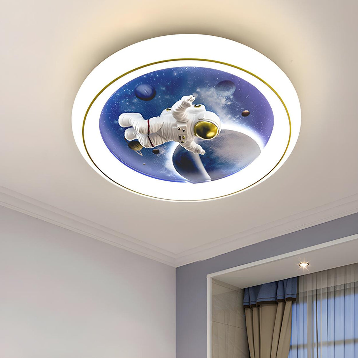 Kids Room Astronaut Space Round LED Flush Mount Light Image - 13