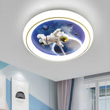 Kids Room Astronaut Space Round LED Flush Mount Light Image - 3