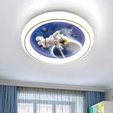 Kids Room Astronaut Space Round LED Flush Mount Light Image - 4