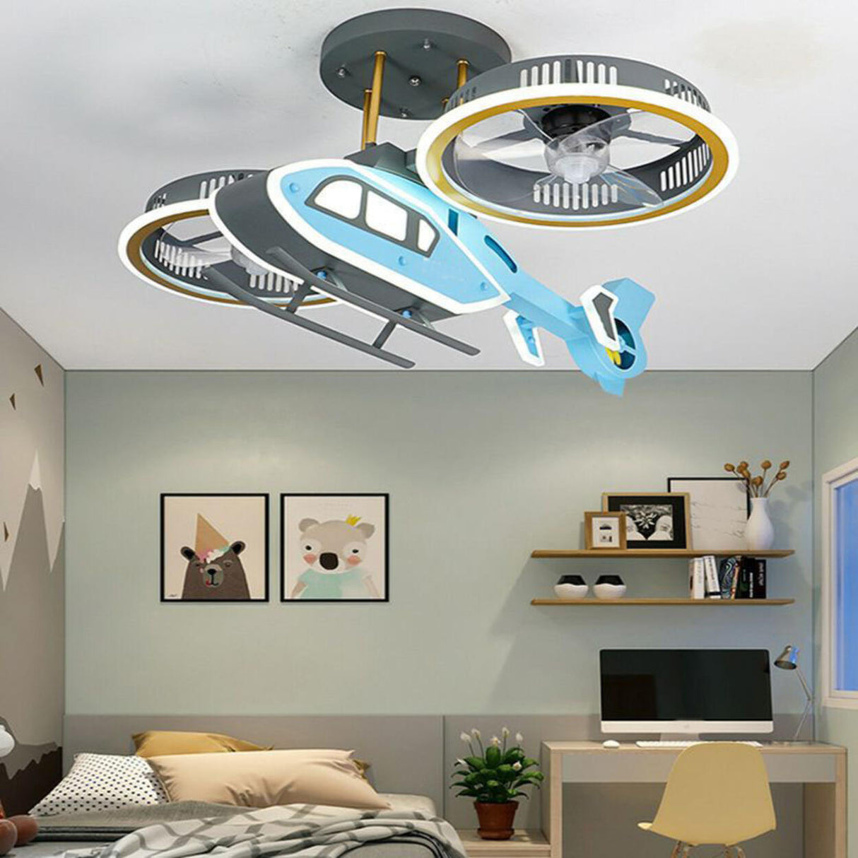 Kids Room Blue Airplane Ceiling Fan with LED Light Image - 3