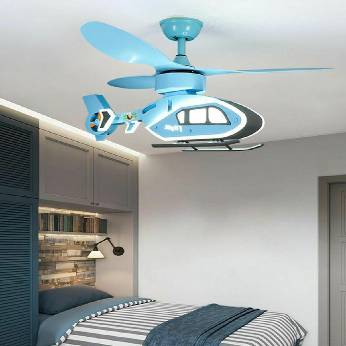 Kids Room Blue Airplane Ceiling Fan with LED Light Image - 4