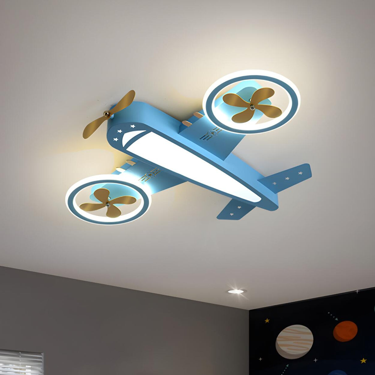 Kids Room Blue Airplane Dimmable LED Flush Mount Light Image - 3