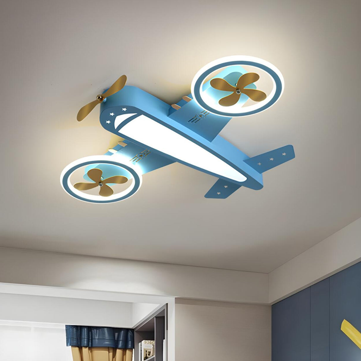 Kids Room Blue Airplane Dimmable LED Flush Mount Light Image - 5