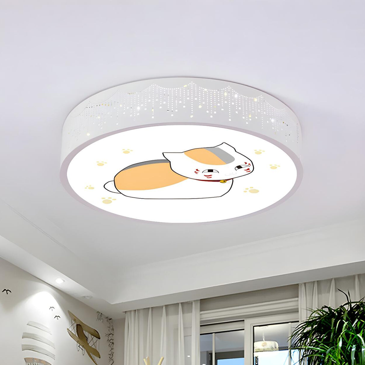 Kids Room Blue Drum Cartoon Cat LED Flush Mount Light Image - 6