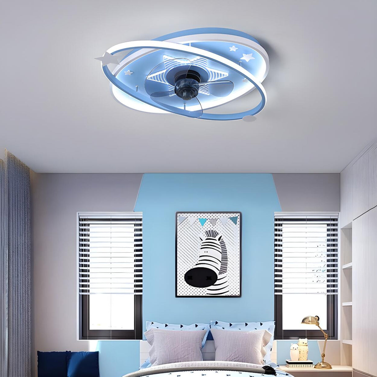 Kids Room Blue Modern Flush Ring Ceiling Fan with Light Image - 1