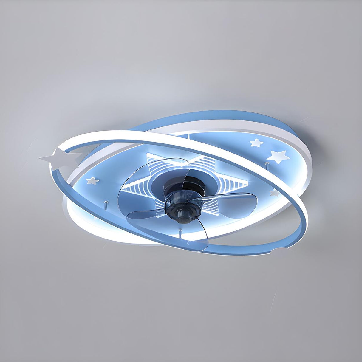 Kids Room Blue Modern Flush Ring Ceiling Fan with Light Image - 11