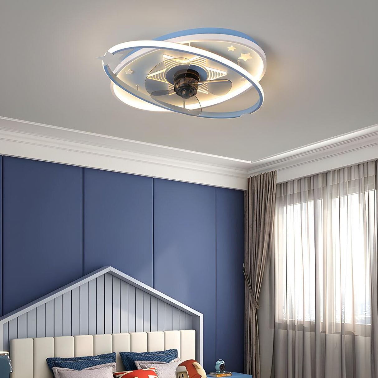 Kids Room Blue Modern Flush Ring Ceiling Fan with Light Image - 14