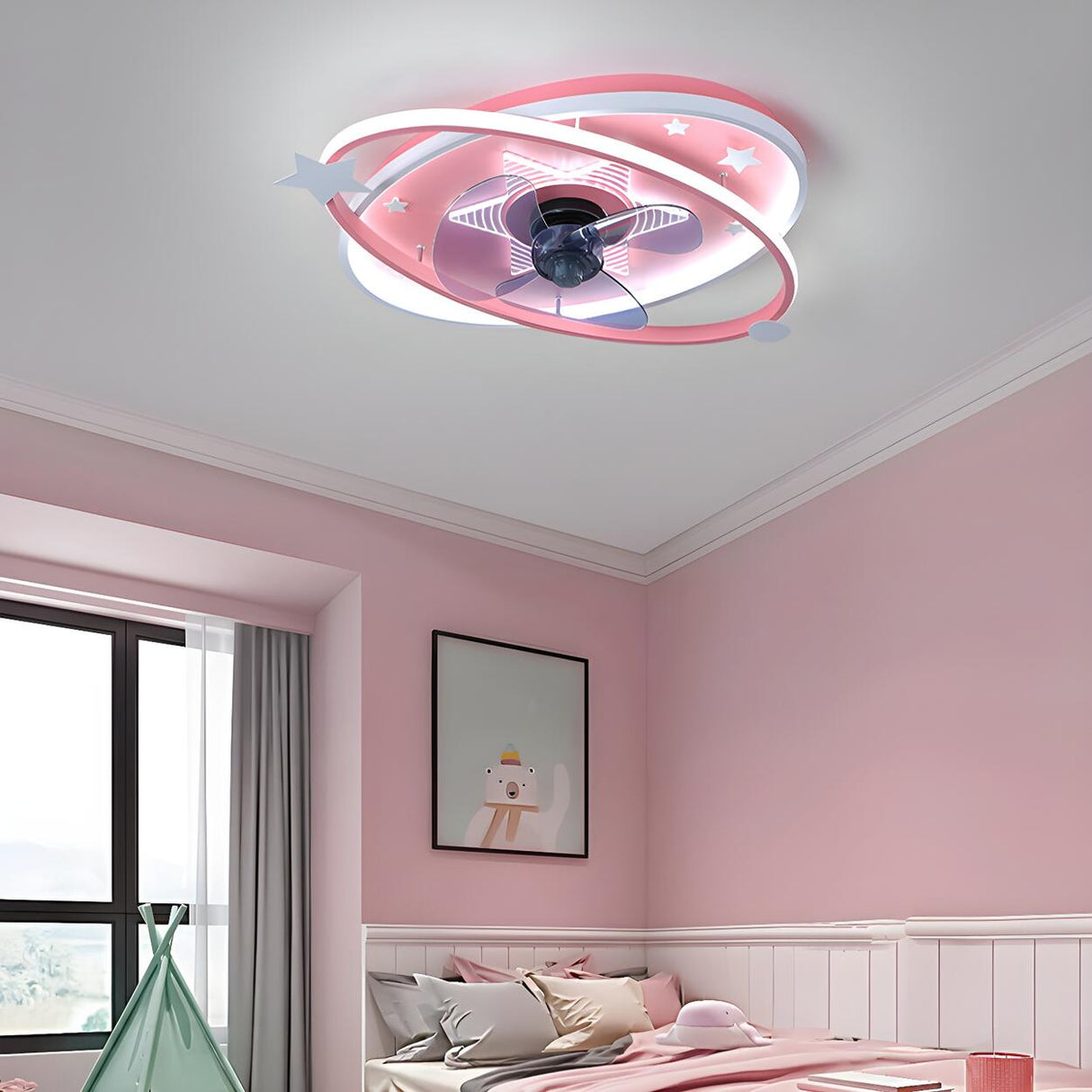 Kids Room Blue Modern Flush Ring Ceiling Fan with Light Image - 3