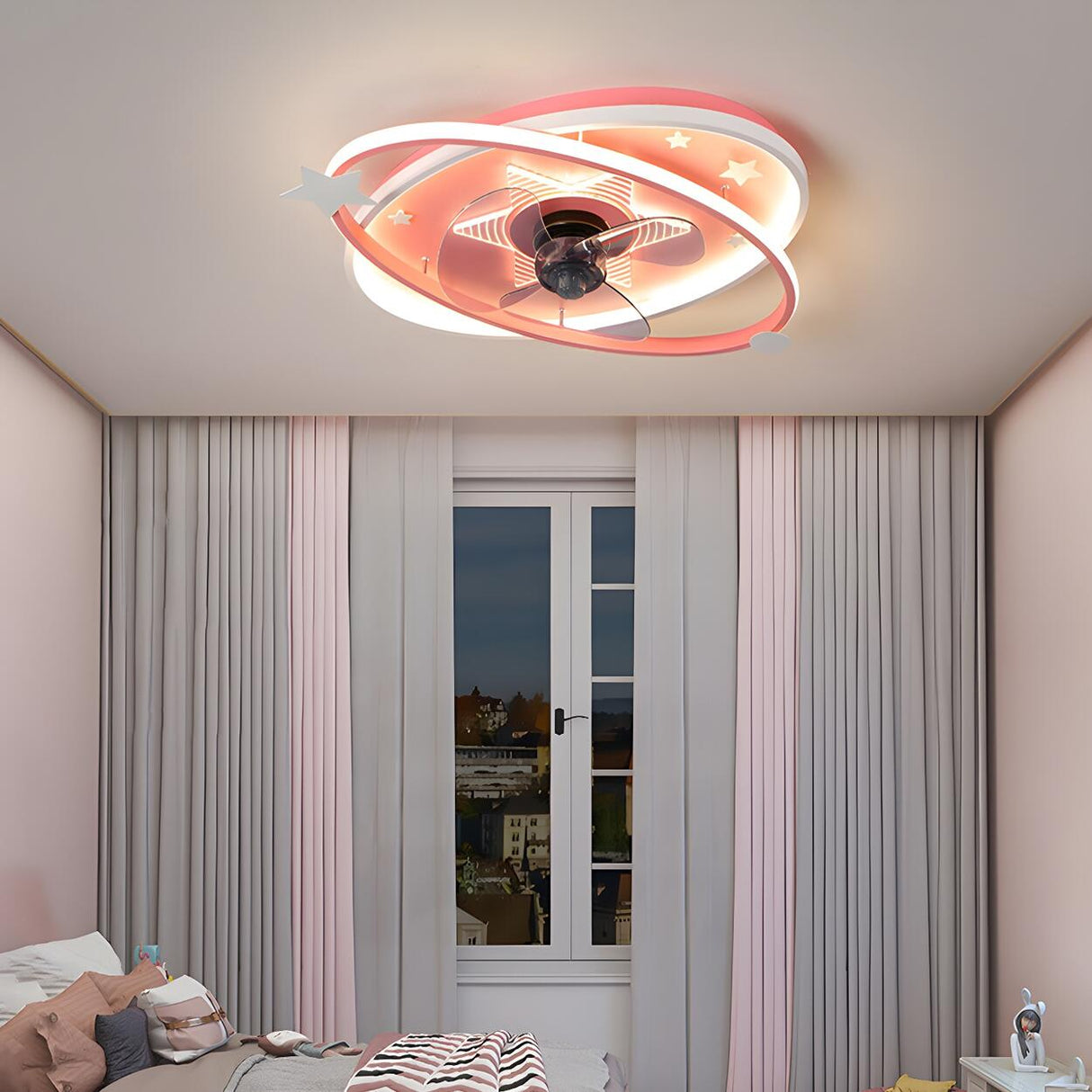 Kids Room Blue Modern Flush Ring Ceiling Fan with Light Image - 4