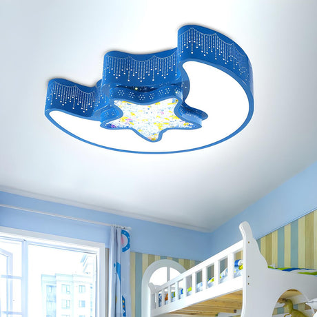 Kids Room Blue Moon Star Small LED Flush Mount Light Image - 1