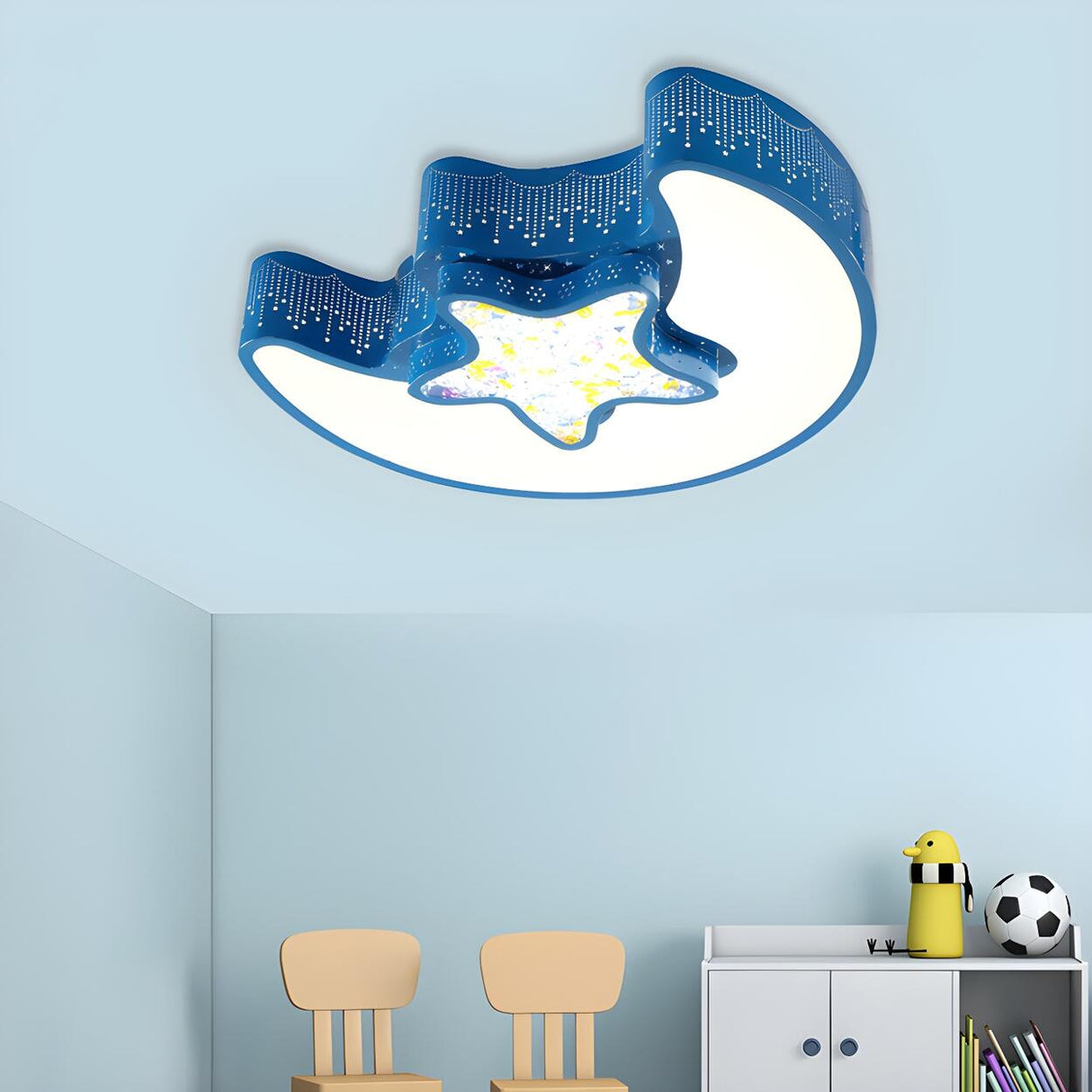 Kids Room Blue Moon Star Small LED Flush Mount Light Image - 2