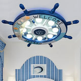 Kids Room Blue Nautical Rudder Flush Mount Ceiling Lamp Image - 1