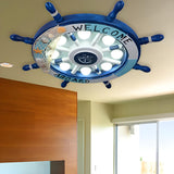 Kids Room Blue Nautical Rudder Flush Mount Ceiling Lamp Image - 2