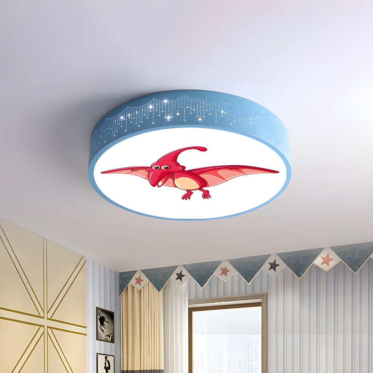 Kids Room Blue Red Dinosaur Drum LED Flush Mount Light Image - 1