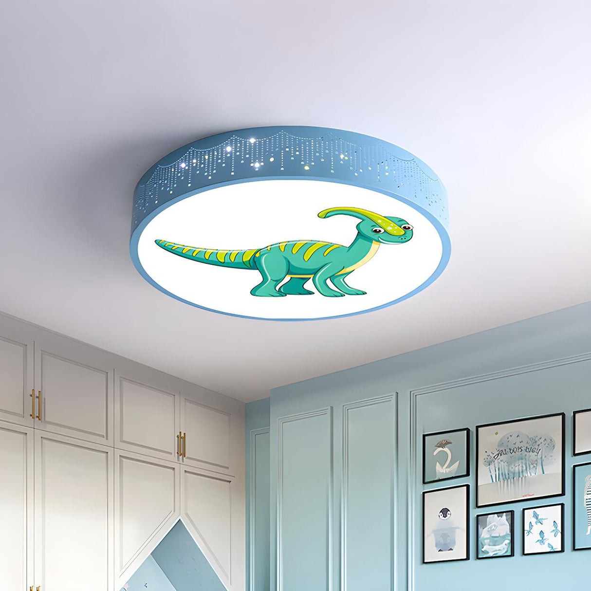 Kids Room Blue Red Dinosaur Drum LED Flush Mount Light Image - 10