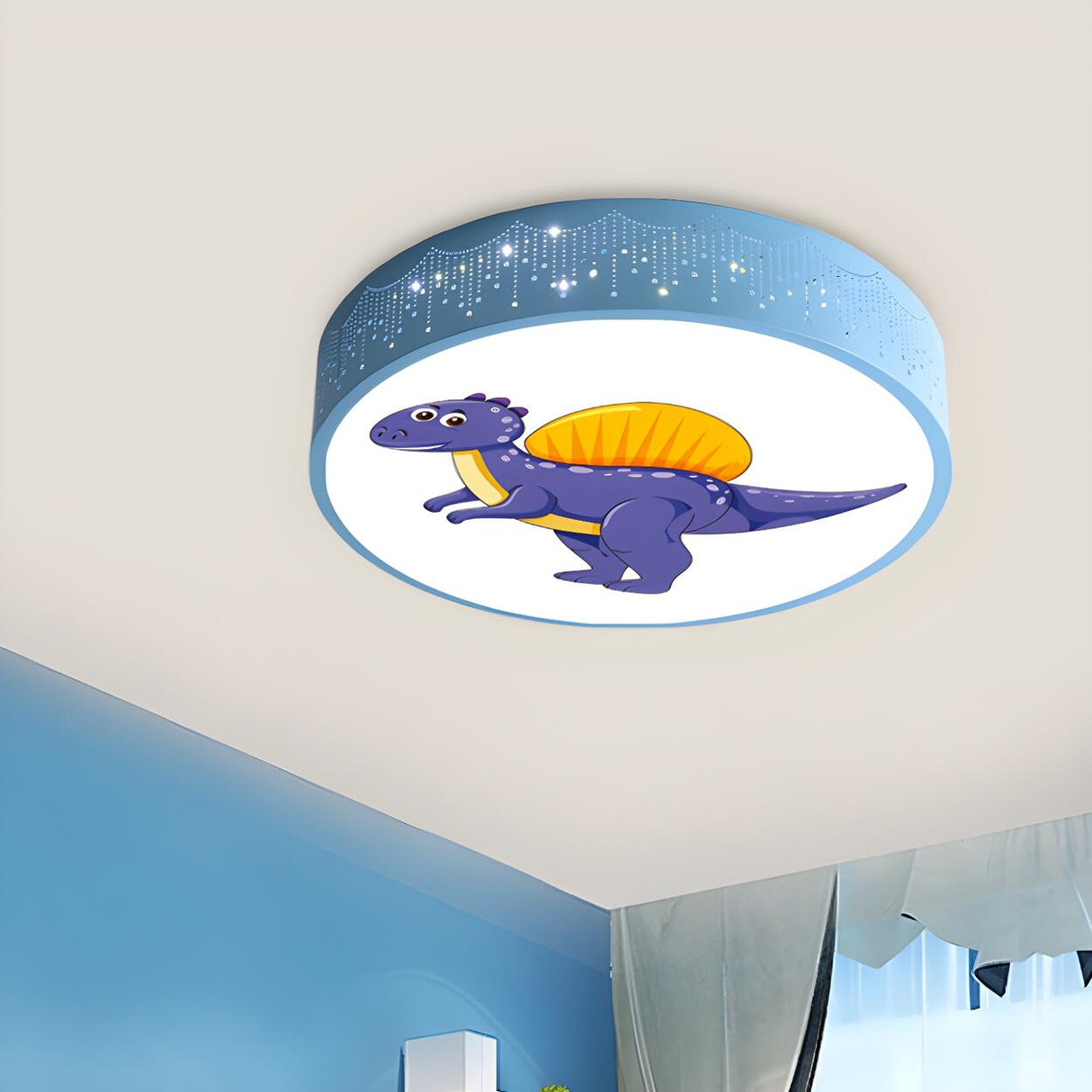 Kids Room Blue Red Dinosaur Drum LED Flush Mount Light Image - 6