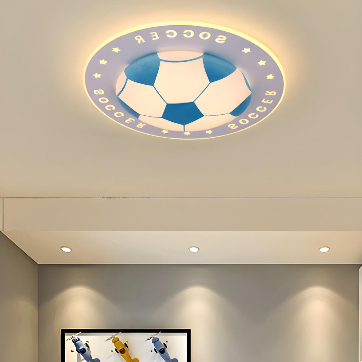 Kids Room Blue Soccer LED Flush Mount Ceiling Light Image - 5