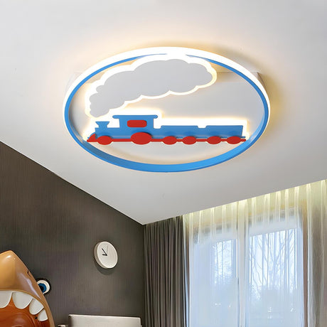 Kids Room Blue Train Circle LED Flush Mount Light Image - 1