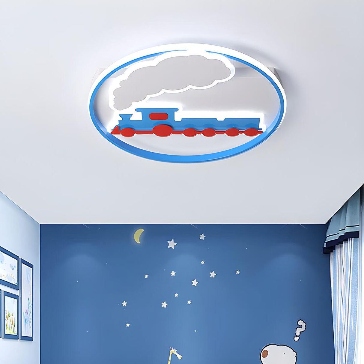 Kids Room Blue Train Circle LED Flush Mount Light Image - 2