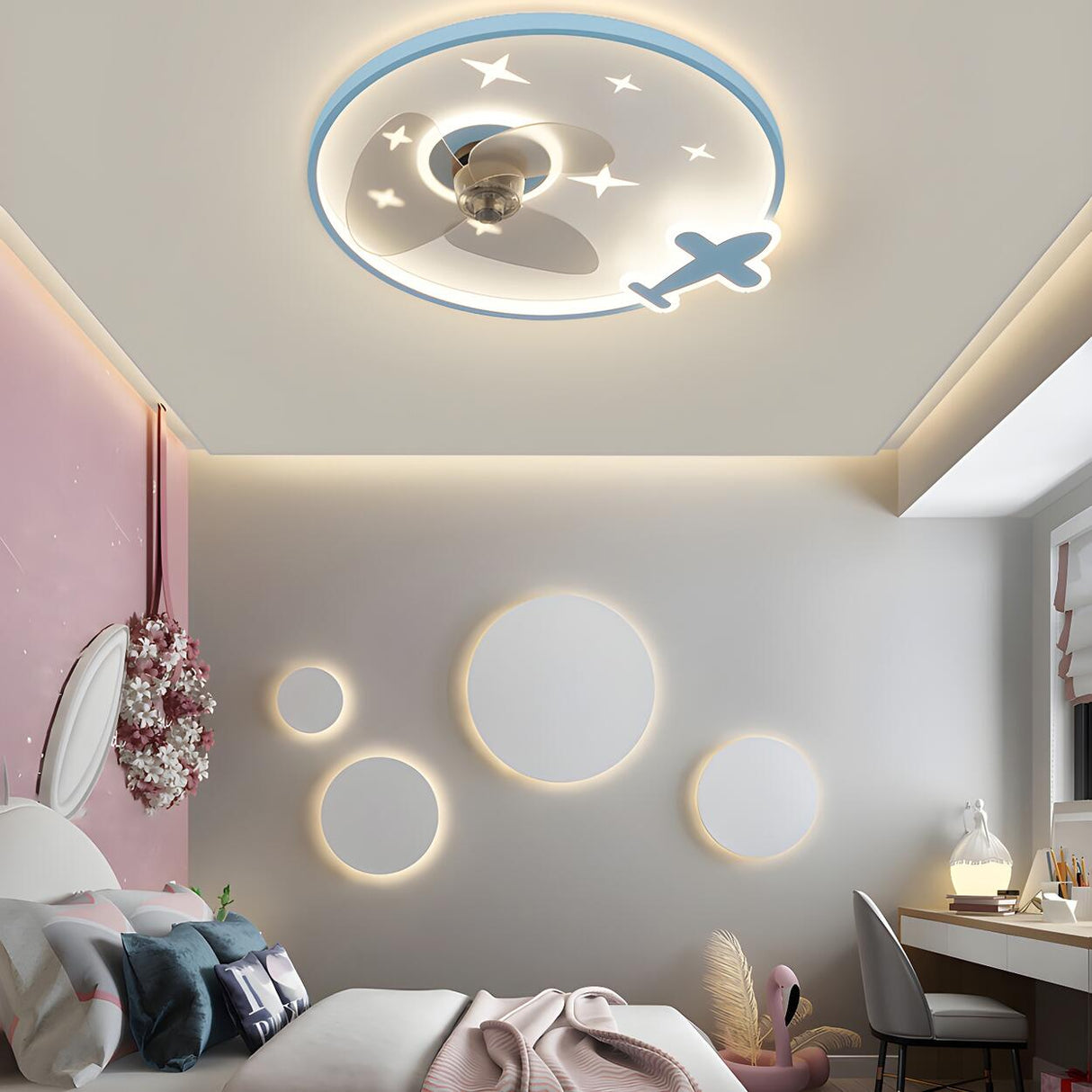 Kids Room Cartoon Airplane Ring Ceiling Fan with Light Image - 24