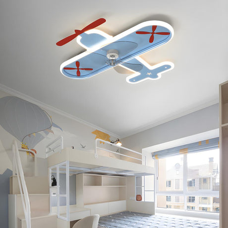 Kids Room Cartoon Blue Airplane Ceiling Fan with Light Image - 1