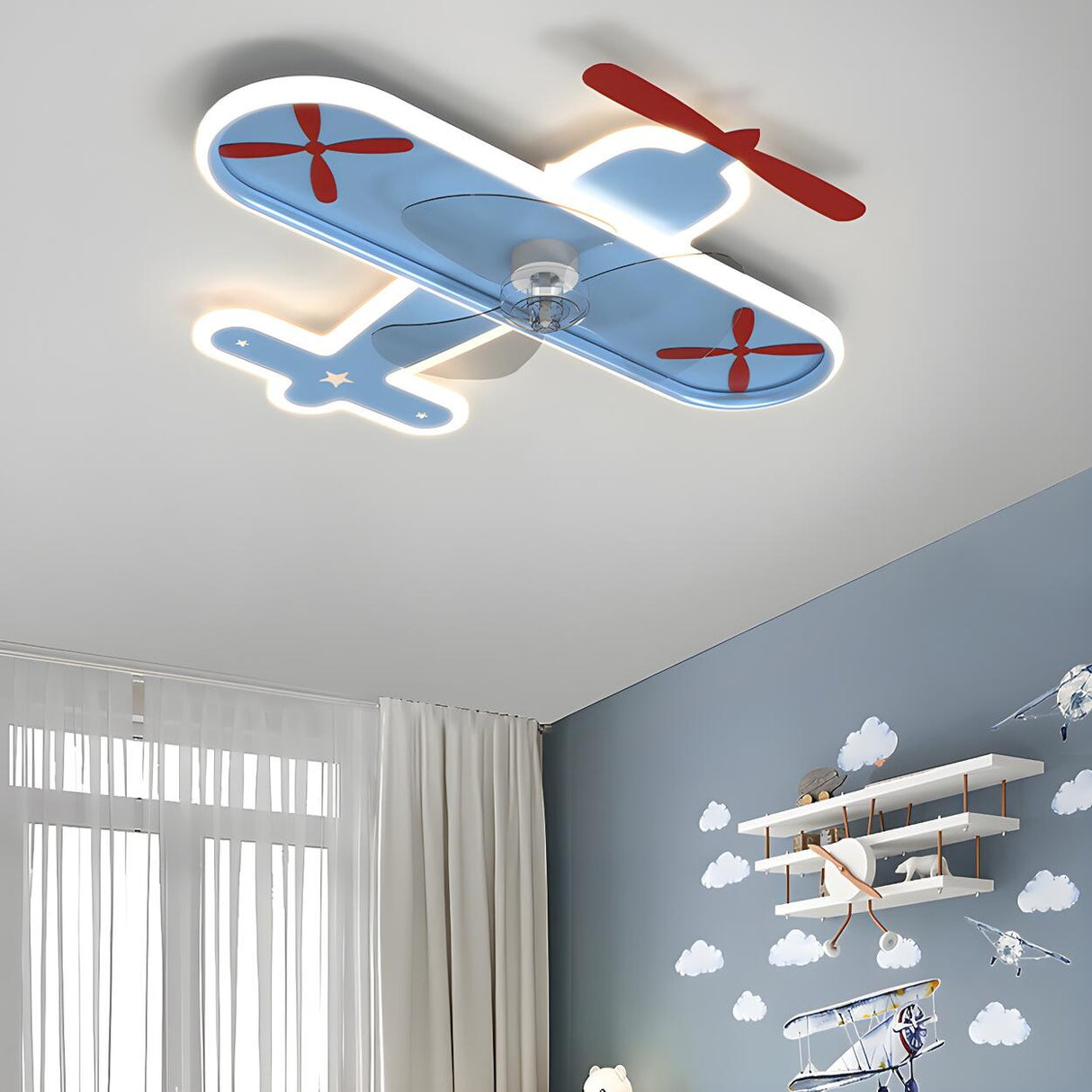 Kids Room Cartoon Blue Airplane Ceiling Fan with Light Image - 12