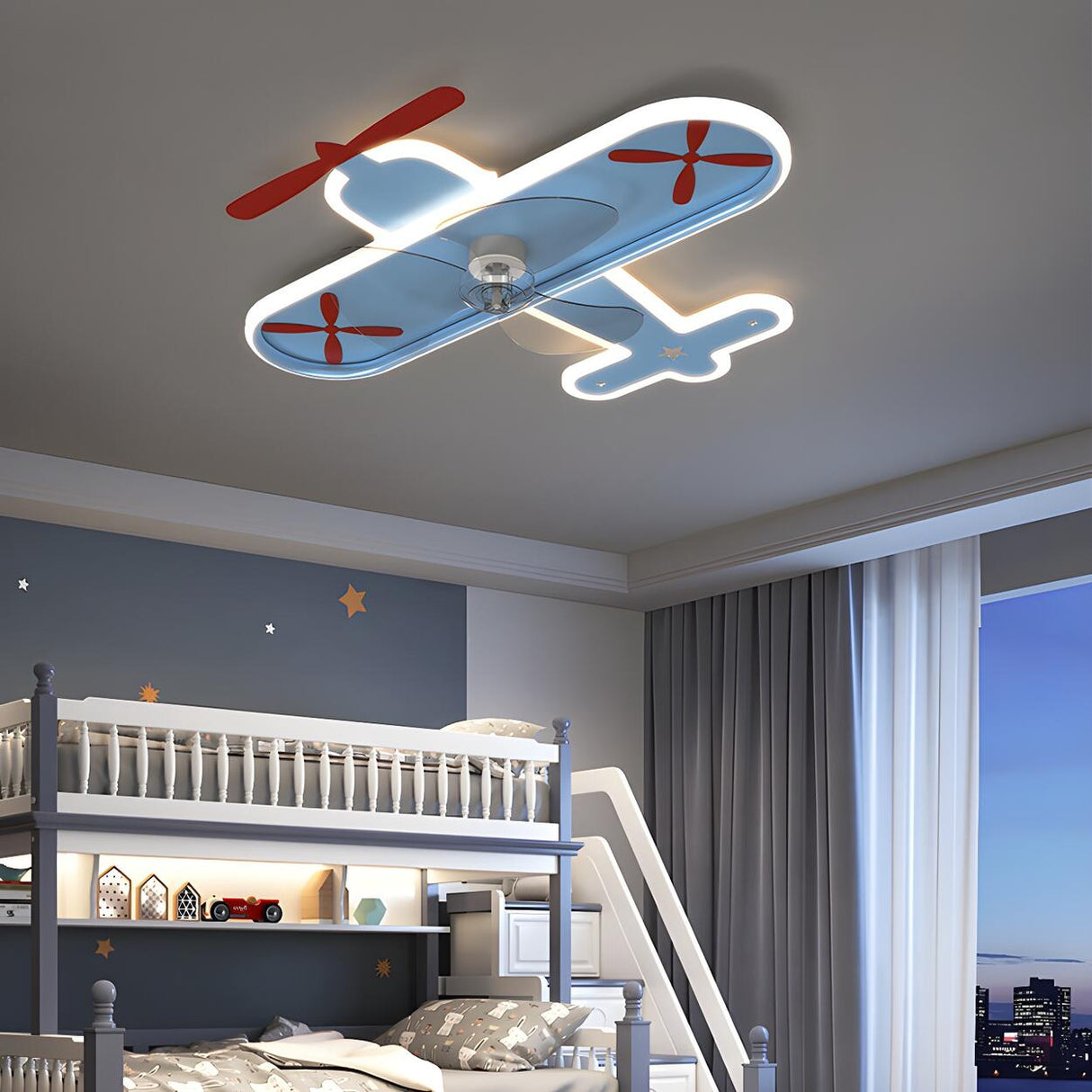 Kids Room Cartoon Blue Airplane Ceiling Fan with Light Image - 2