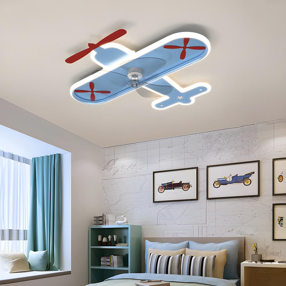 Kids Room Cartoon Blue Airplane Ceiling Fan with Light Image - 3