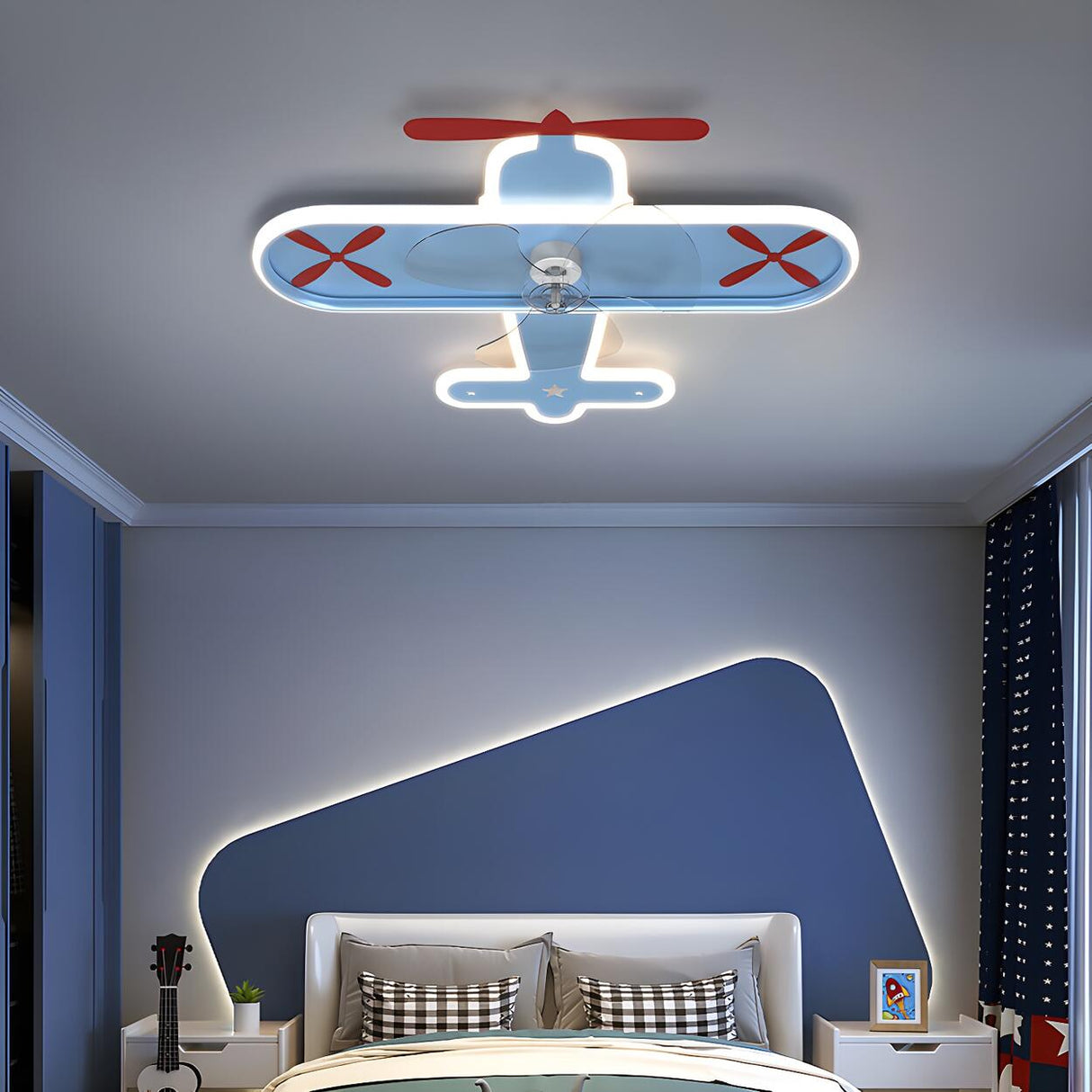 Kids Room Cartoon Blue Airplane Ceiling Fan with Light Image - 4