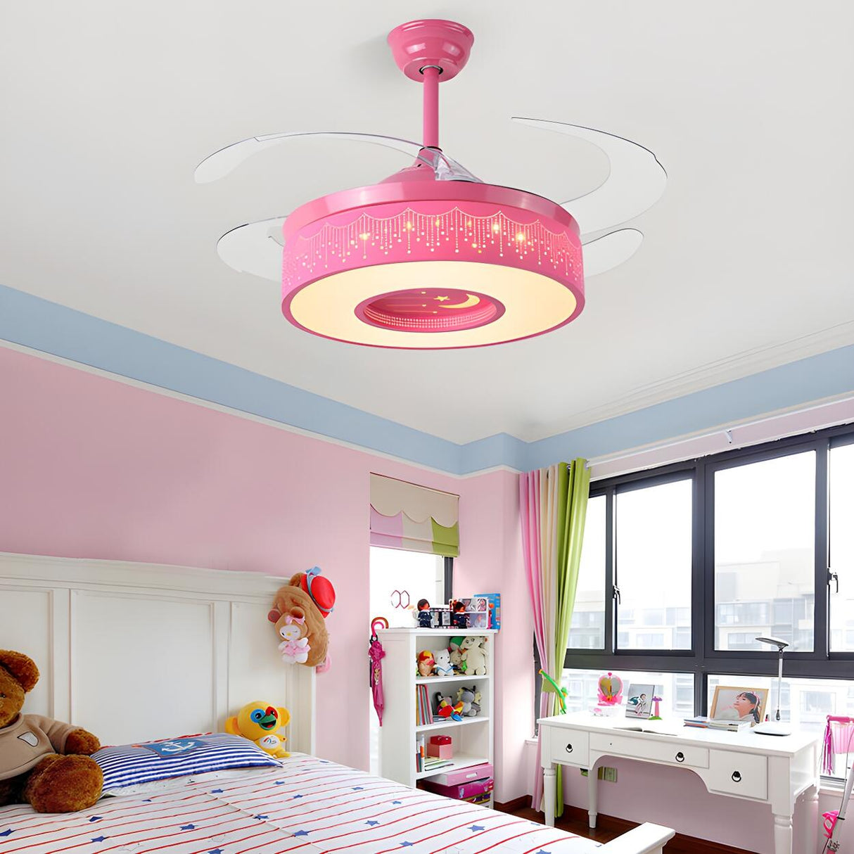 Kids Room Cartoon Blue Cylinder Ceiling Fan with Light Image - 3