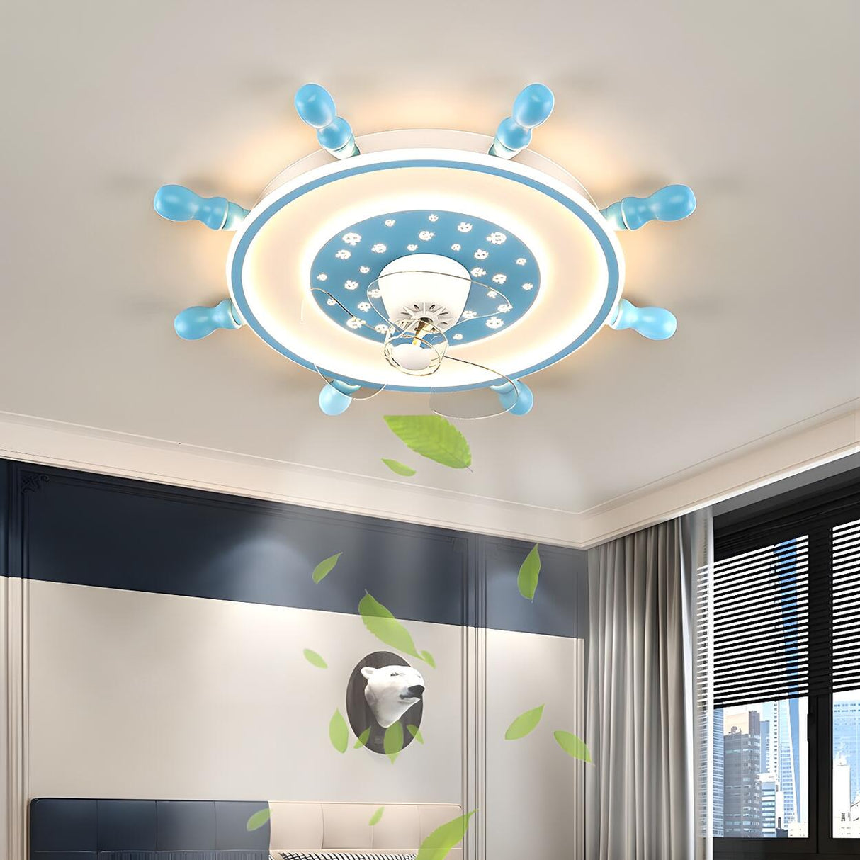 Kids Room Cartoon Blue Rudder Ceiling Fan with Light Image - 1