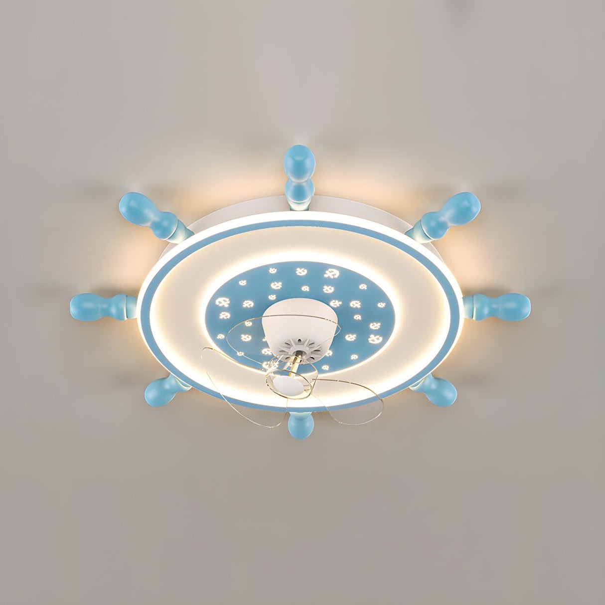 Kids Room Cartoon Blue Rudder Ceiling Fan with Light Image - 7