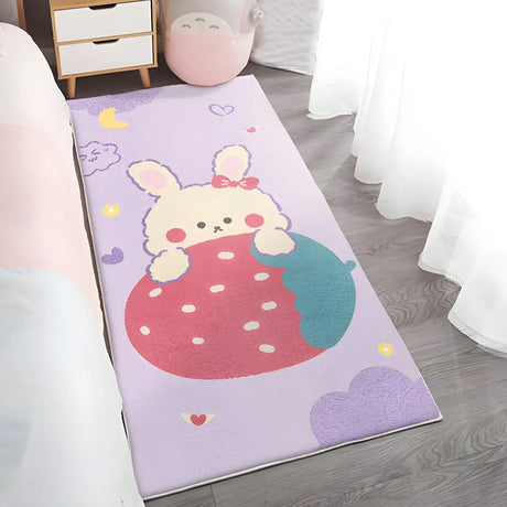 Kids Room Cartoon Bunny Rectangle Polyester Pink Area Rug Image - 1