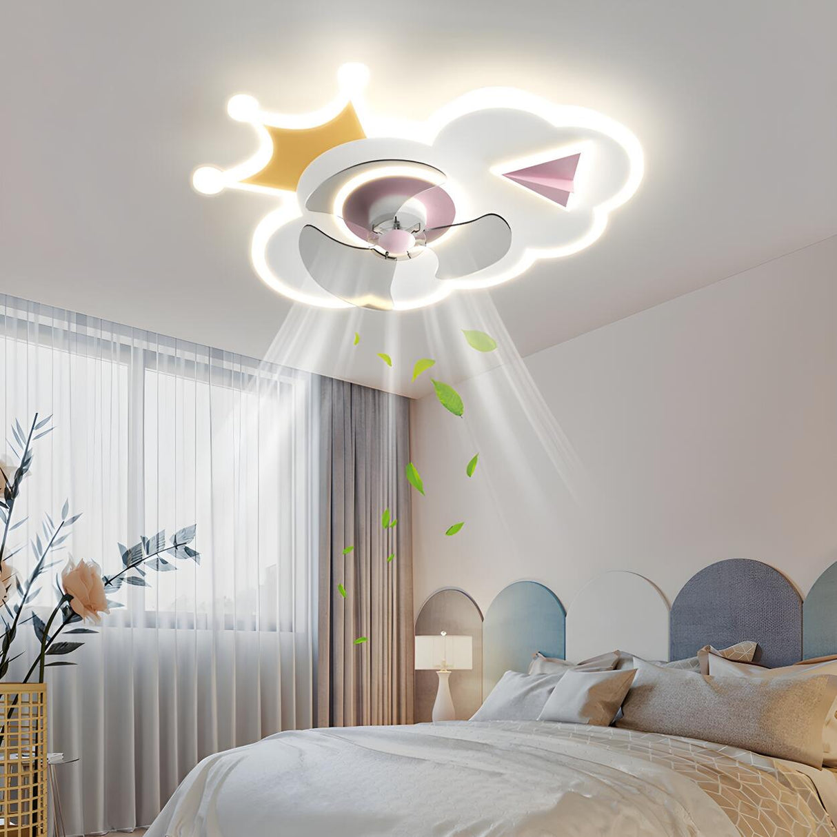 Kids Room Cartoon Cloud Crown LED Ceiling Fan Light Image - 1