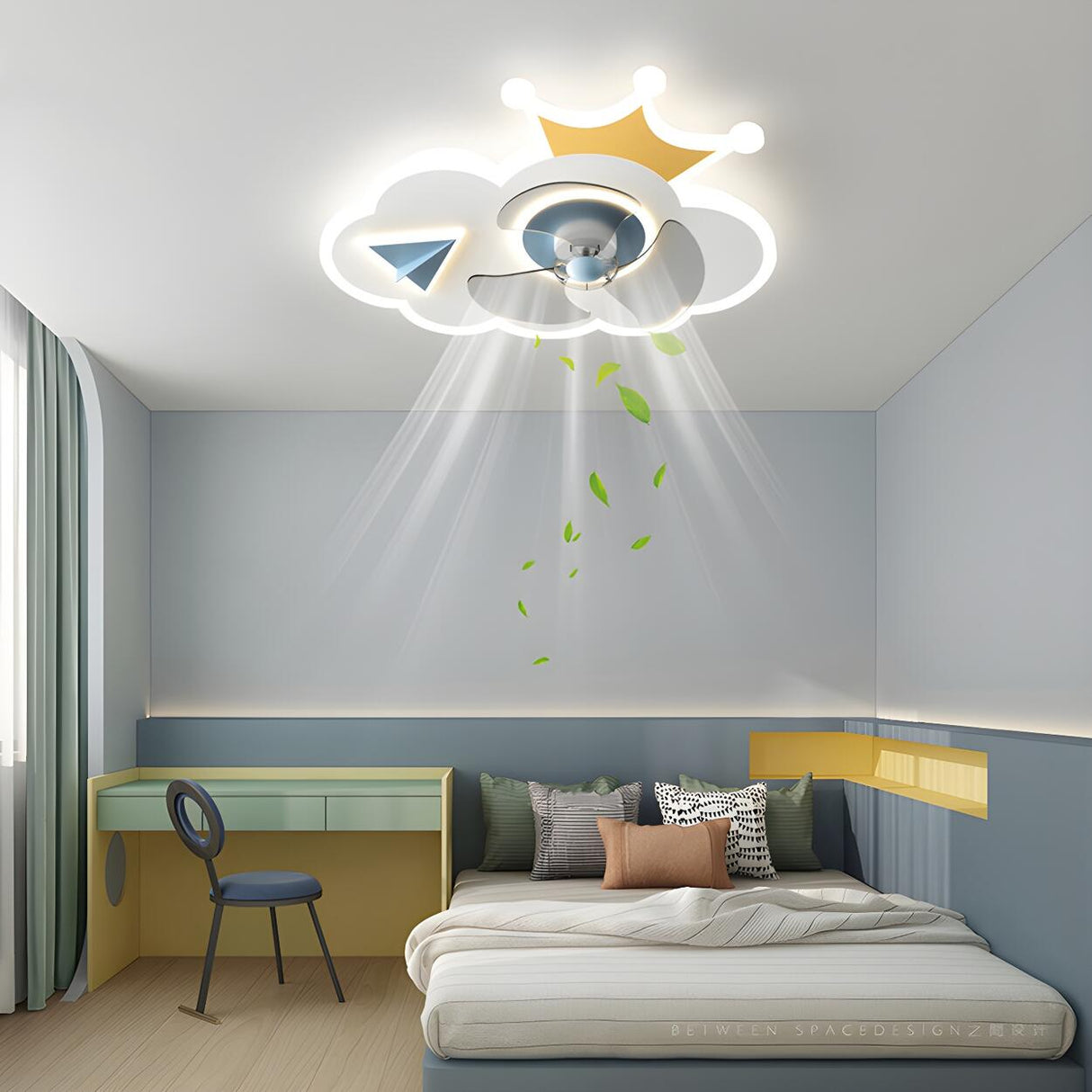 Kids Room Cartoon Cloud Crown LED Ceiling Fan Light Image - 12