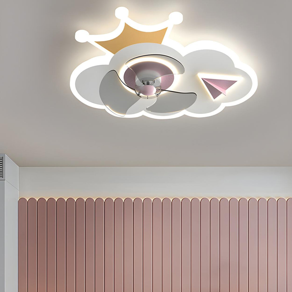 Kids Room Cartoon Cloud Crown LED Ceiling Fan Light Image - 6