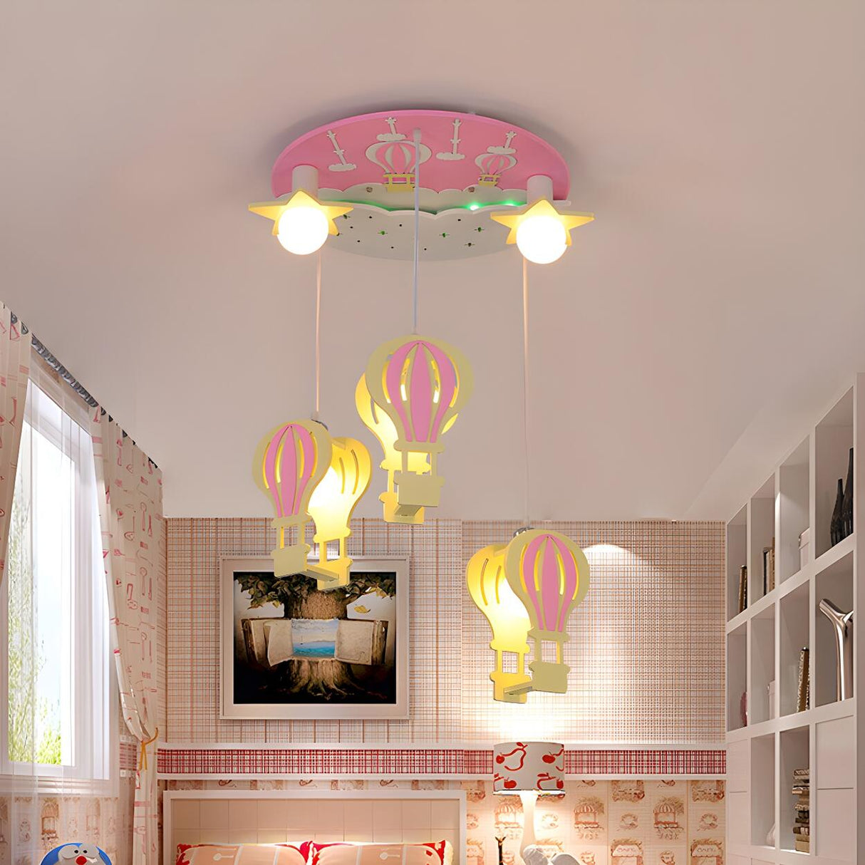 Kids Room Cartoon Hot Air Balloon Semi-Flush Mount Lamp Image - 1