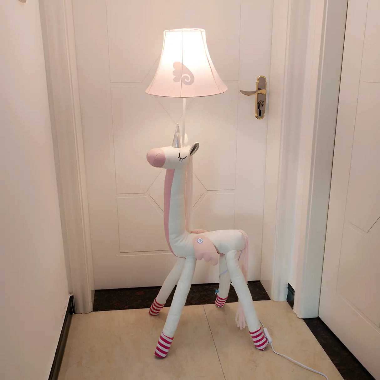 Kids Room Cartoon Pink Unicorn Plush Fabric Floor Lamp Image - 1