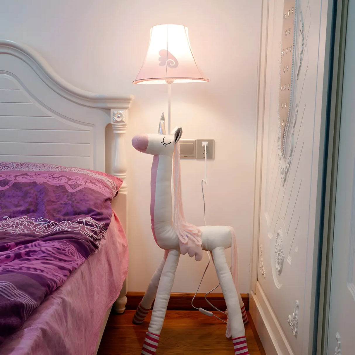 Kids Room Cartoon Pink Unicorn Plush Fabric Floor Lamp Image - 2