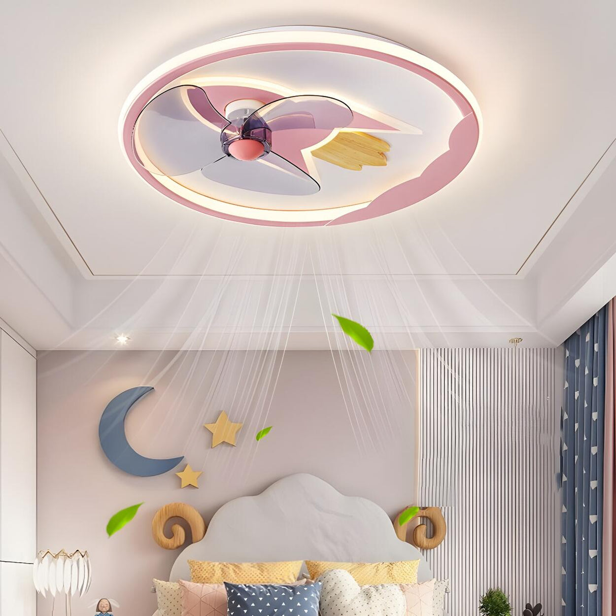 Kids Room Cartoon Rocket Round Ceiling Fan with Light Image - 15